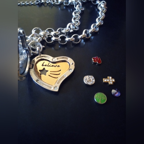 Silver Tone 12" Chain, Heart Charm Locket, Rhinestones Necklace, Believe Etched - Picture 8 of 8